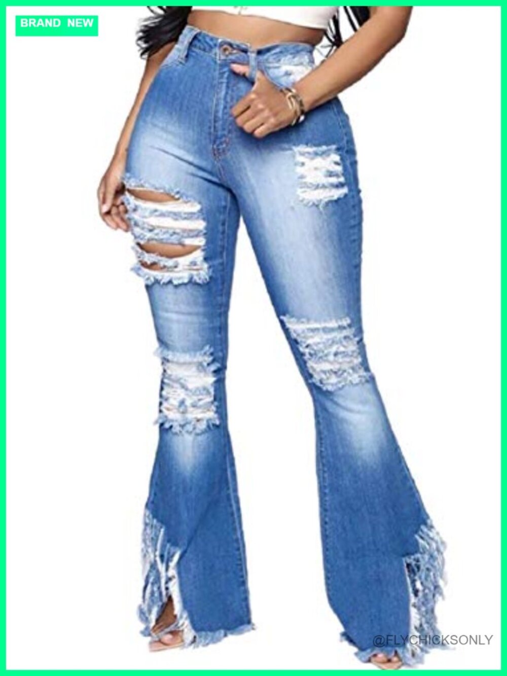 Women's Skinny Ripped Bell Bottom Jeans High Rise Flared Denim